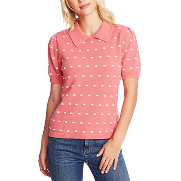 CeCe Pleat Sleeve Collared Pom Pom Sweater Pink/White Sz Medium - Picture 1 of 8